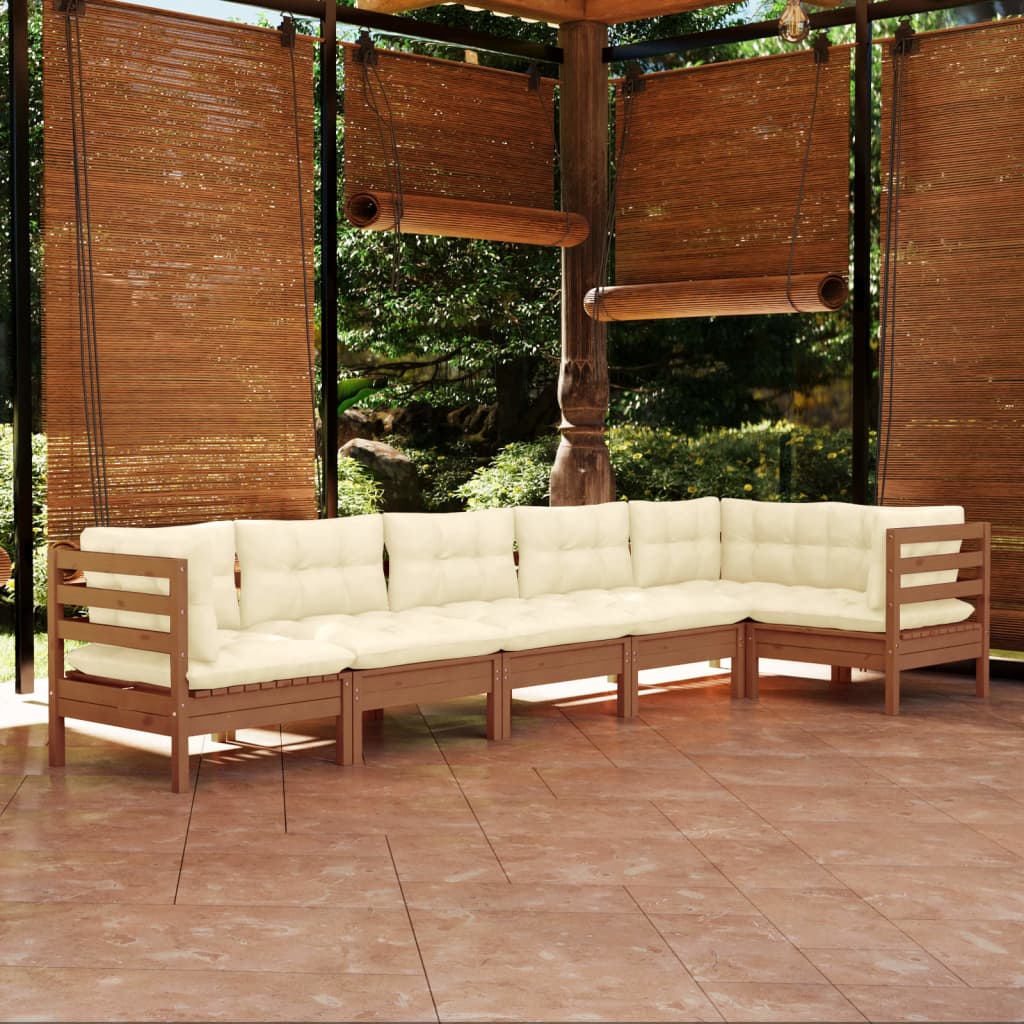 6 Piece Garden Lounge Set with Cushions Honey Brown Pinewood