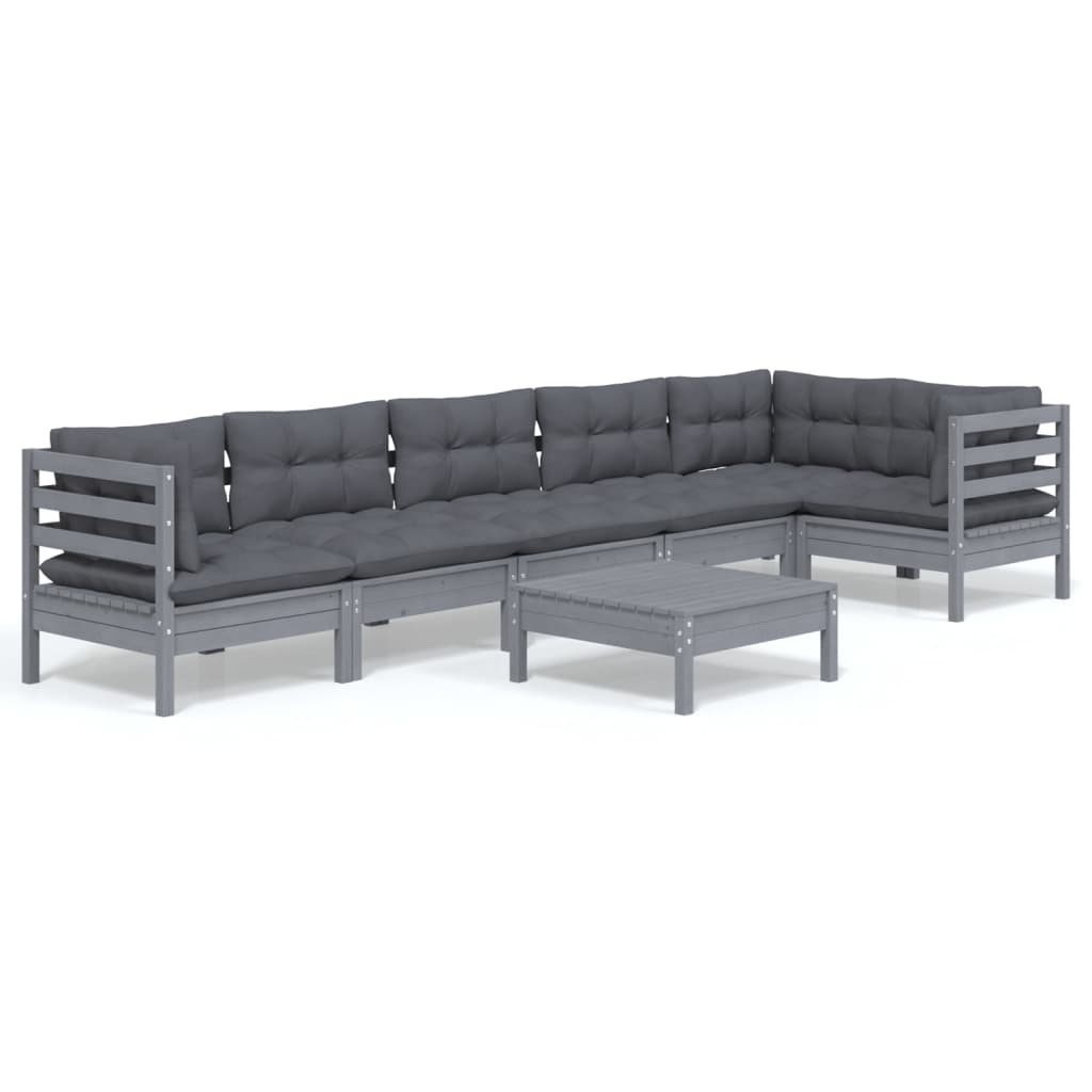 7 Piece Garden Lounge Set with Cushions Grey Pinewood