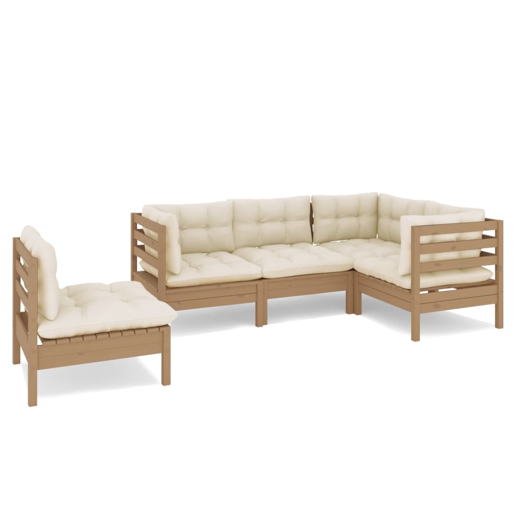 5 Piece Garden Lounge Set with Cushions Honey Brown Pinewood