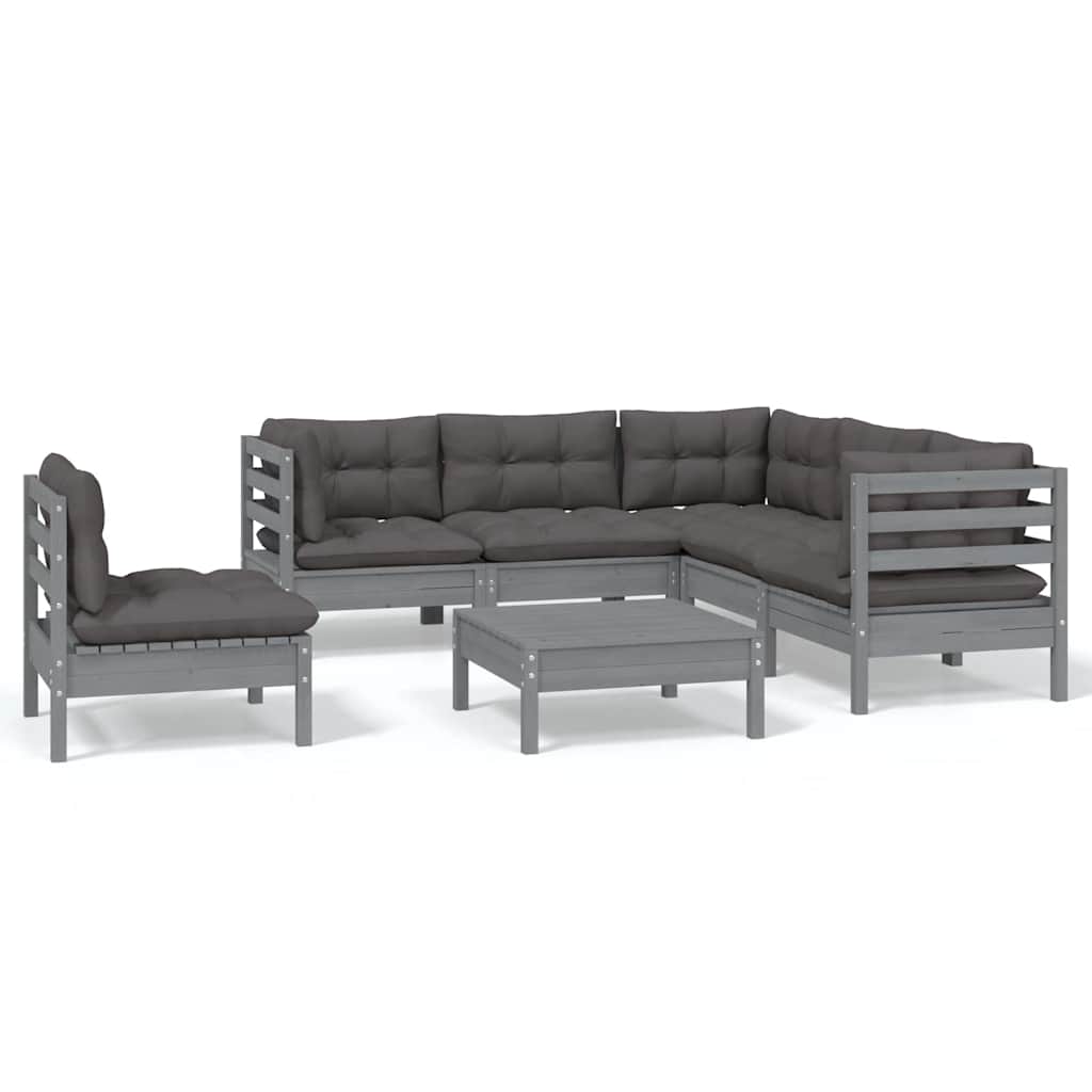 6 Piece Garden Lounge Set with Cushions Grey Pinewood