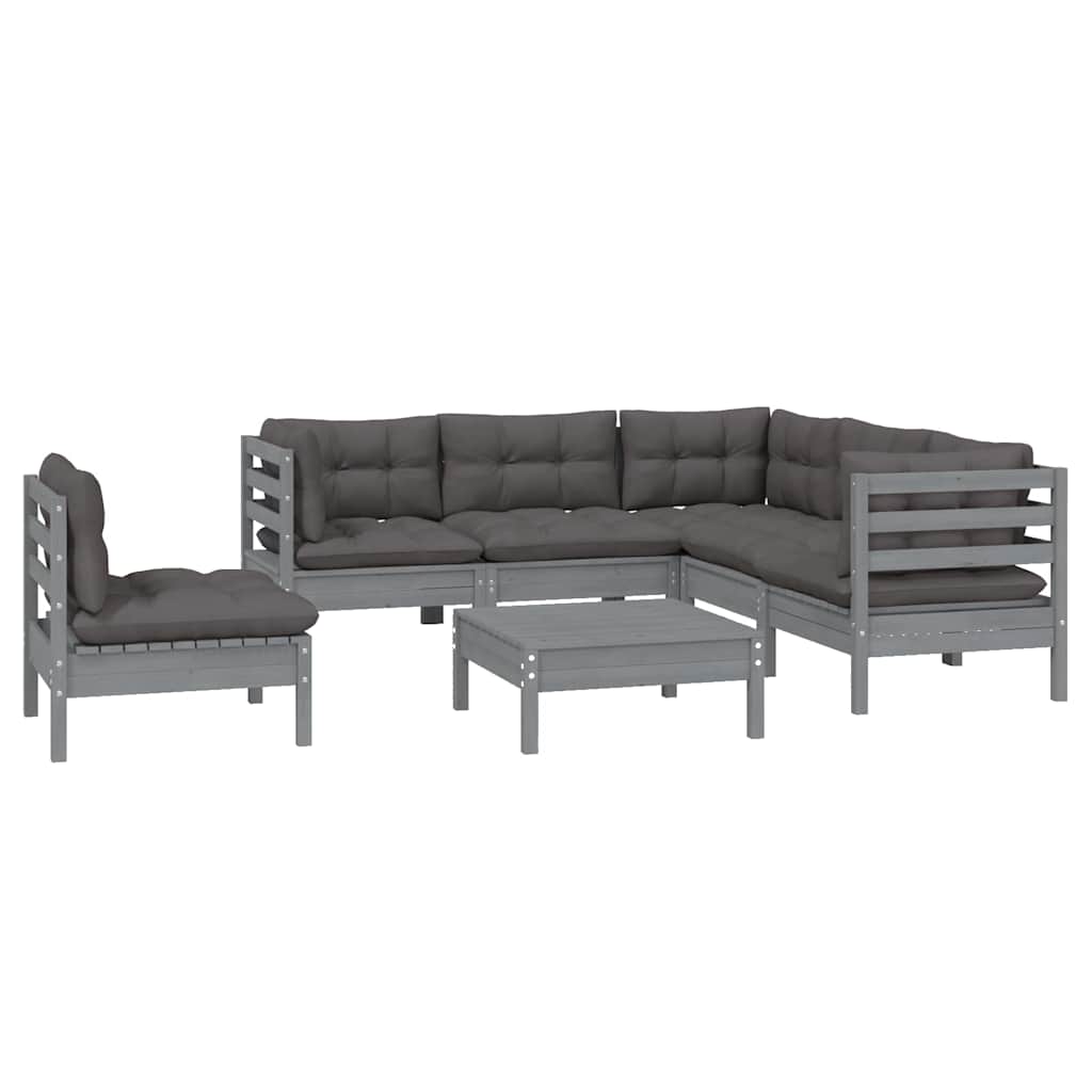 6 Piece Garden Lounge Set with Cushions Grey Pinewood