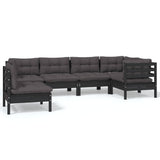 6 Piece Garden Lounge Set with Cushions Black Pinewood - Front View