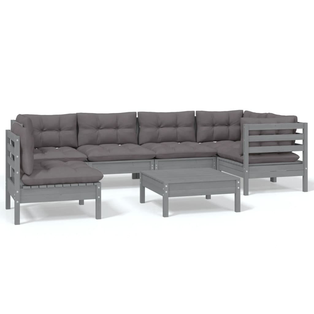 7 Piece Garden Lounge Set with Cushions Grey Pinewood
