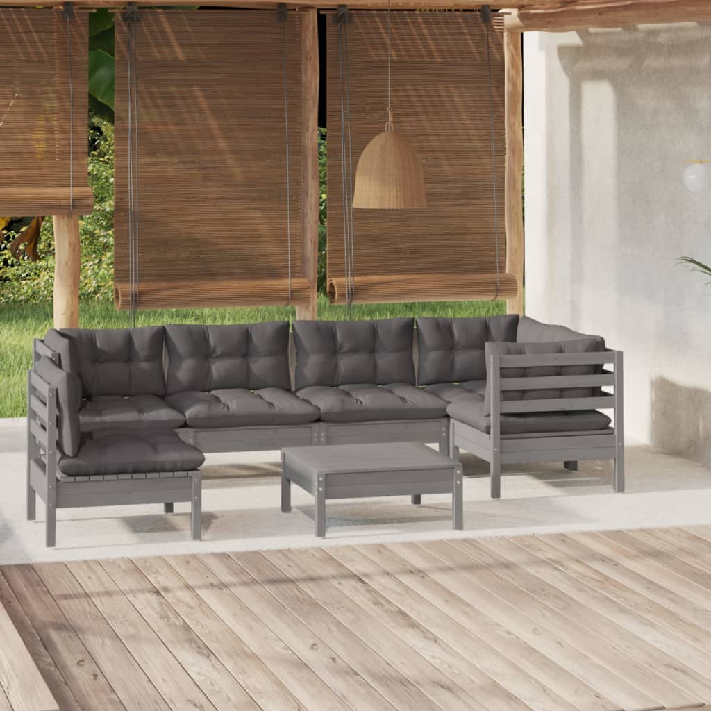 7 Piece Garden Lounge Set with Cushions Grey Pinewood