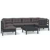 7 Piece Garden Lounge Set with Cushions Black Pinewood - Front View