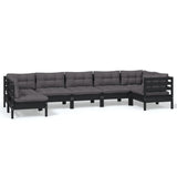 7 Piece Garden Lounge Set with Cushions Black Pinewood - Front View