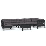 8 Piece Garden Lounge Set with Cushions Black Pinewood - Front View