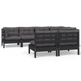 7 Piece Garden Lounge Set with Cushions Black Solid Pinewood - Front View