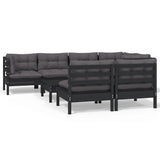 8 Piece Garden Lounge Set with Cushions Black Solid Pinewood - Front View