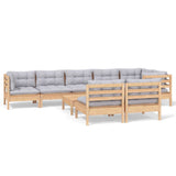 9 Piece Garden Lounge Set with Grey Cushions Solid Pinewood - Front View