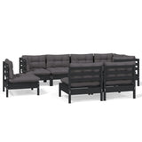 8 Piece Garden Lounge Set with Cushions Black Solid Pinewood - Front View
