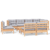 9 Piece Garden Lounge Set with Grey Cushions Solid Pinewood - Front View