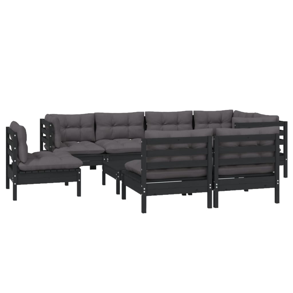 9 Piece Garden Lounge Set with Cushions Black Solid Pinewood