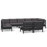 9 Piece Garden Lounge Set with Cushions Black Solid Pinewood - Front View