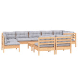 10 Piece Garden Lounge Set with Grey Cushions Solid Pinewood - Side View
