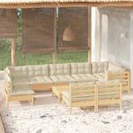 10 Piece Garden Lounge Set with Cream Cushions Solid Pinewood