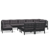 10 Piece Garden Lounge Set with Cushions Black Solid Pinewood - Front View