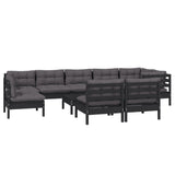 10 Piece Garden Lounge Set with Cushions Black Solid Pinewood - Side View