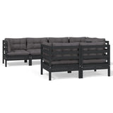 7 Piece Garden Lounge Set with Cushions Black Solid Pinewood - Front View