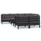 8 Piece Garden Lounge Set with Cushions Black Solid Pinewood - Front View