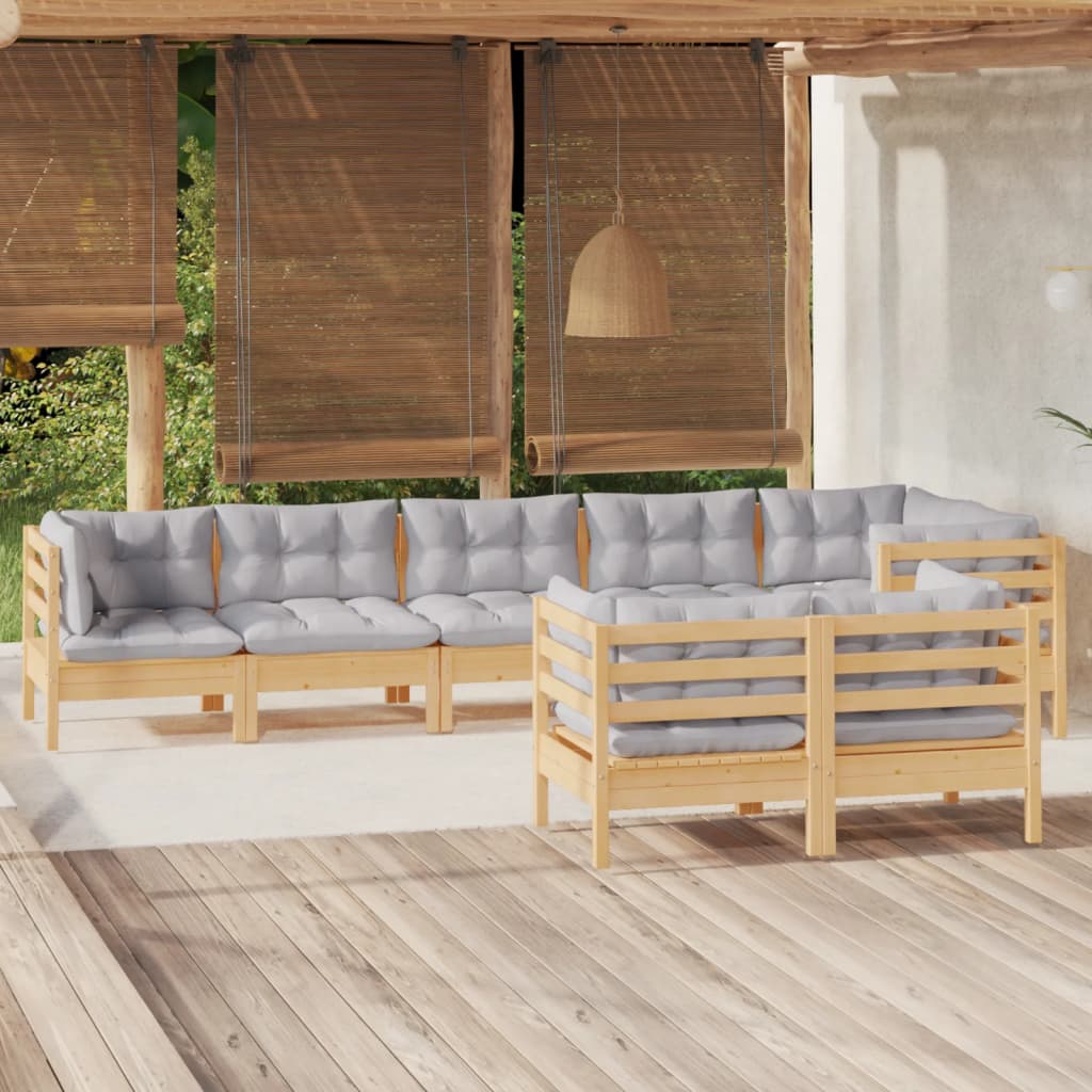 8 Piece Garden Lounge Set with Grey Cushions Solid Pinewood