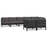 8 Piece Garden Lounge Set with Cushions Black Solid Pinewood - Front View
