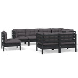 8 Piece Garden Lounge Set with Cushions Black Solid Pinewood - Front View