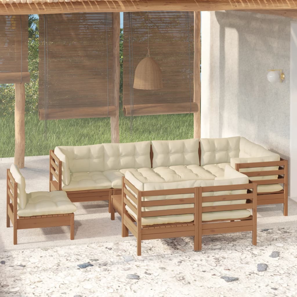 9 Piece Garden Lounge Set with Cushions Honey Brown Pinewood