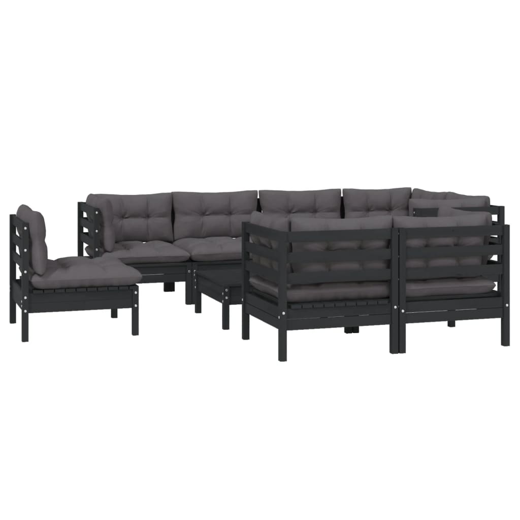9 Piece Garden Lounge Set with Cushions Black Solid Pinewood