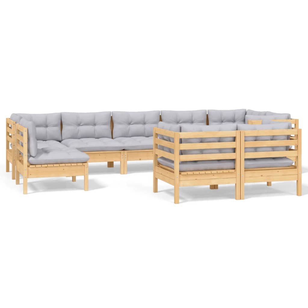 9 Piece Garden Lounge Set with Grey Cushions Solid Pinewood