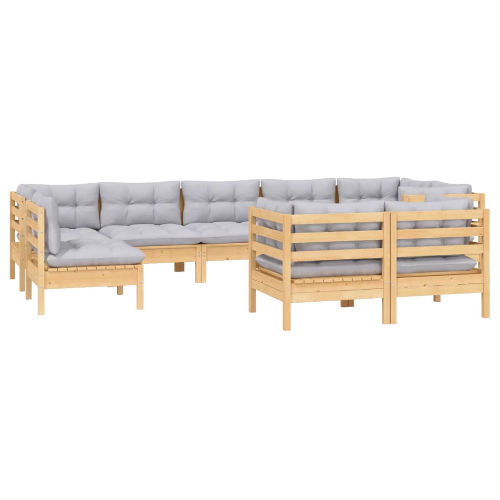 9 Piece Garden Lounge Set with Grey Cushions Solid Pinewood
