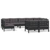 9 Piece Garden Lounge Set with Cushions Black Solid Pinewood - Front View