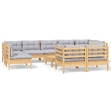 10 Piece Garden Lounge Set with Grey Cushions Solid Pinewood