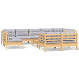 10 Piece Garden Lounge Set with Grey Cushions Solid Pinewood - Front View