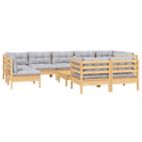 10 Piece Garden Lounge Set with Grey Cushions Solid Pinewood - Side View