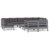 10 Piece Garden Lounge Set with Cushions Grey Solid Pinewood - Front View