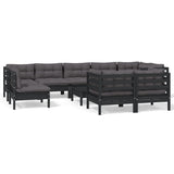 10 Piece Garden Lounge Set with Cushions Black Solid Pinewood - Front View