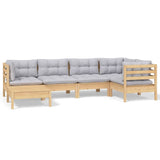 6 Piece Garden Lounge Set with Grey Cushions Solid Pinewood - Front View