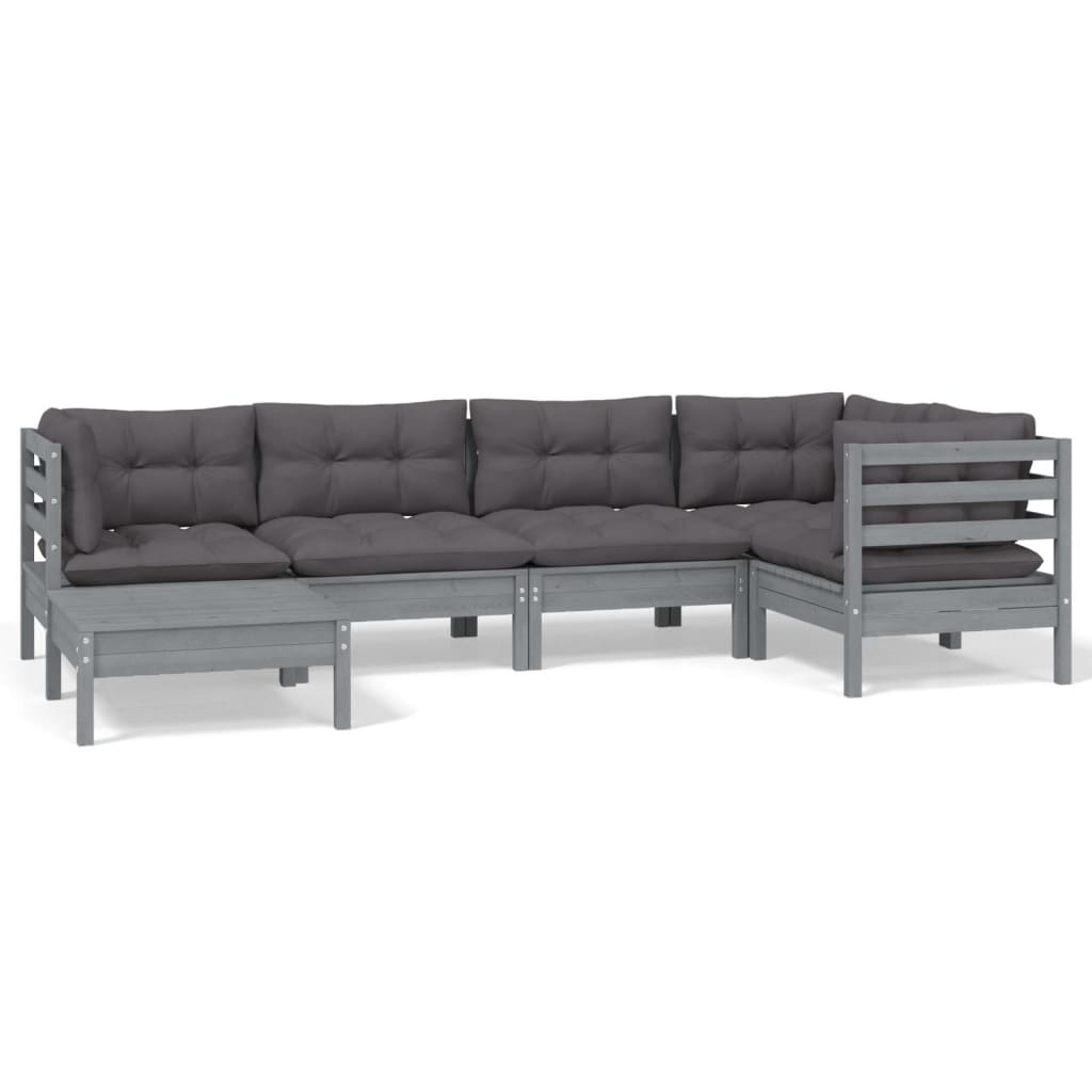 6 Piece Garden Lounge Set with Cushions Grey Solid Pinewood