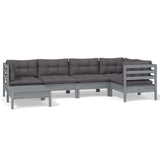 6 Piece Garden Lounge Set with Cushions Grey Solid Pinewood - Front View
