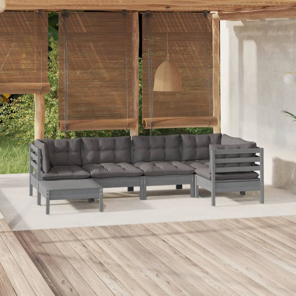 6 Piece Garden Lounge Set with Cushions Grey Solid Pinewood