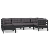 6 Piece Garden Lounge Set with Cushions Black Solid Pinewood - Front View