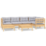 7 Piece Garden Lounge Set with Grey Cushions Solid Pinewood - Front View