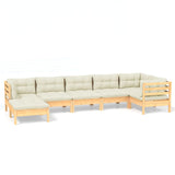 7 Piece Garden Lounge Set with Cream Cushions Solid Pinewood - Front View