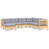 7 Piece Garden Lounge Set with Grey Cushions Solid Pinewood - Front View