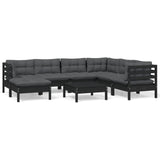8 Piece Garden Lounge Set with Cushions Black Solid Pinewood - Front View