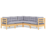 5 Piece Garden Lounge Set with Grey Cushions Solid Pinewood - Front View