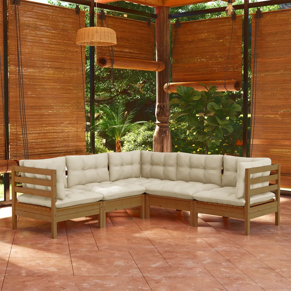 5 Piece Garden Lounge Set with Cushions Honey Brown Pinewood