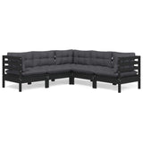 5 Piece Garden Lounge Set with Cushions Black Solid Pinewood - Front View