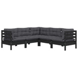 5 Piece Garden Lounge Set with Cushions Black Solid Pinewood